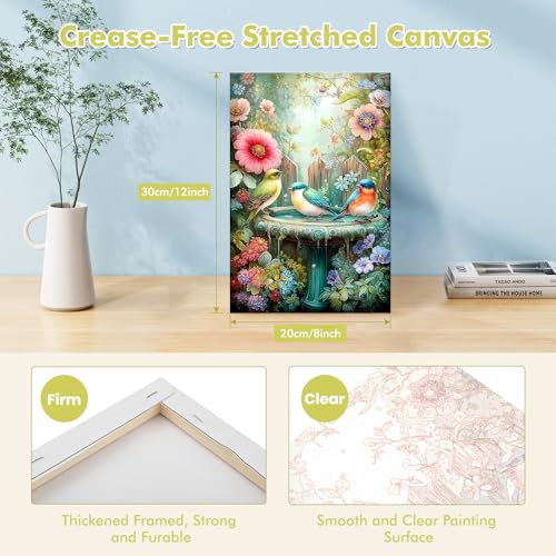 Bowetile Framed Paint by Numbers Bird Kit for Adults, Adults' Paint-by-Number Kits on Canvas, Painting by Numbers Flower, Acrylic Fountain Number Painting Gifts for Home Wall Decor, 8x12in - color: Bird, Flower, Fountain