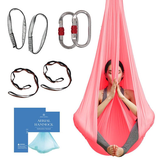 Aerial Yoga Hammock Swing, 4.5 Yards, Aerial Silks with Hardware | Knitted fabric with extension straps and a pose guide for aerial yoga, home gym and studio practice, suitable for all levels - color: Pink, size: 4.5 yards