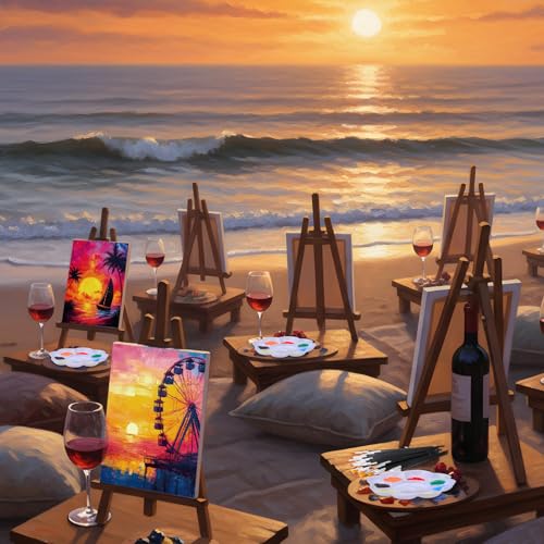 Ctosree 72 Pcs Natural Scenery Paint and Sip Kit for Adults 8'' x 10'' Pre Drawn Canvas for Painting DIY Pre Printed Canvas for Party Favor Afro Acrylic Painting Kit Wood Easel Brushes Bulk - style: Natural Scenery