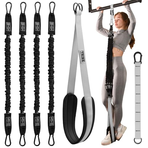 Pull Up Assistance Bands Set with 4 Levels, Adjustable Strap and Foot Rest | 50–200 lb stackable pull-up assistance, nylon-sleeved bands, adjustable support, reduced snap-back risk - color: Gray