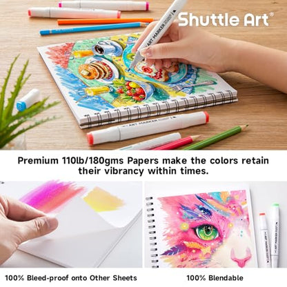 Shuttle Art Marker Pad, 8.9”x8.3” Portable Sketchbook, 40 Sheets Marker Drawing Paper, 110LB/180GSM Smooth Surface Bleedproof Art Paper, Spiral-Bound, Great for Beginners to Draw, Paint & Sketch - size: 8.9x8.3 inch