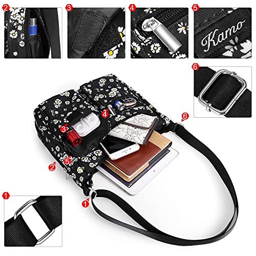 Kamo Crossbody for Women - Multi-pocket Shoulder Lightweight Messenger Casual Printed Purse Handbag Travel Bag - color: Black - Daisy
