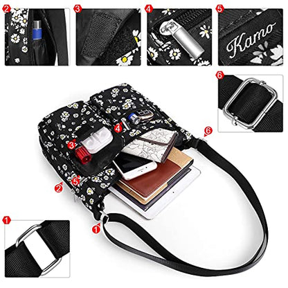 Kamo Crossbody for Women - Multi-pocket Shoulder Lightweight Messenger Casual Printed Purse Handbag Travel Bag - color: Black - Daisy