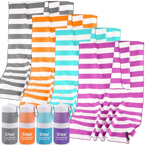 Sfee 2 in 1 Microfiber Beach Towel, Quick Dry Towel Camping Travel Towel Super Absorbent Compact Lightweight Sports Towel Gym Towels Set for Beach, Gym, Hiking, Pool, Backpacking, Bath, Yoga - color: Purple Stripe, size: L 60"x30"+24"x15"
