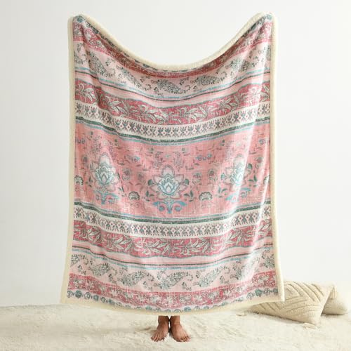 Boho Chic Sherpa Fleece Throw Blanket with Ultra-Soft Cozy Lining,Bohemian Patterned Throws for Sofa,Couch,Bed - color: Boho-pastel Pink, size: 60" x 80"