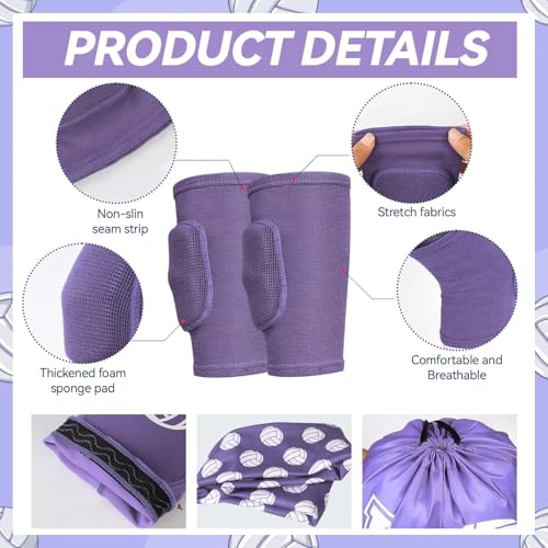 6 Pcs Volleyball Accessories, Include Volleyball Knee Pads Arm Sleeves Drawstring Bag Softball Headbands Volleyball Protection Equipment Gifts - color: Purple, size: X-Large