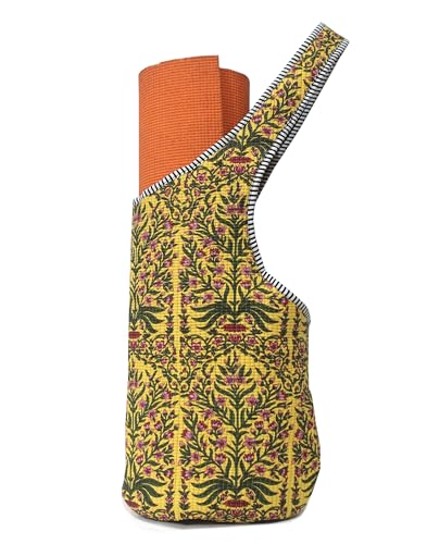 INDIAN CRAFT CASTLE Yoga Mat Bag | Tote Mat Bag | Sling Yoga Tote w/Large Side Pocket & Zipper Pocket | Yoga Mat Carrier Fits Most Size Mats - color: Green Yellow