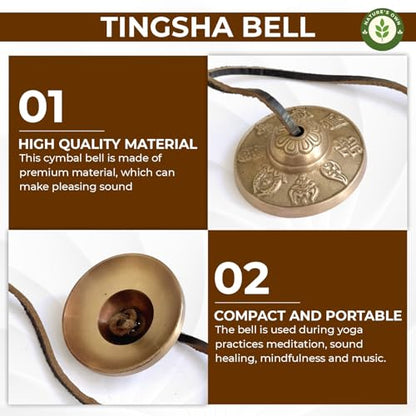 Tibetan Tingsha Bells Cymbals Meditation Chime Bells, 6.3 cm Percussion Instrument, with Cloth Bag, Embossed 8 Lucky Symbols, Ideal for Yoga, Mindfulness, Spiritual Healing, and Sound Therapy