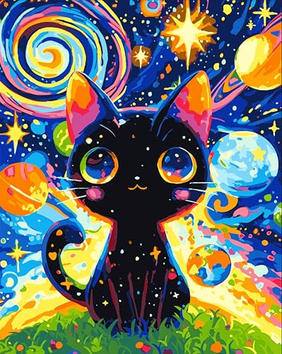 Yunnuo Paint by Numbers Kit for Adults Cat,Adult Paint by Number Kits on Canvas,Painting by Numbers for Beginners Black Cat and Starry Night,DIY Oil Painting Kit for Home Wall Decor Gift (16x20 Inch) - color: A-004-Planet Cat