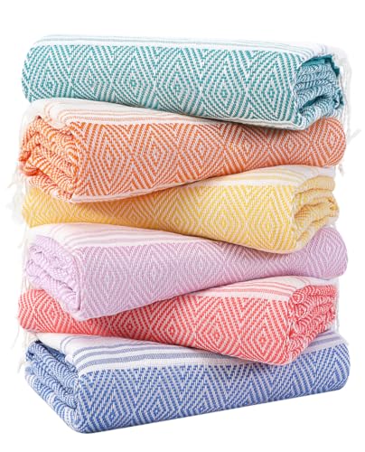 Genovega 6 Packs Oversized Turkish Beach Towels Set Towel Bulk 74"x38" Extra Large Quick Dry Sand Free Light Swim Bath Camping Pool Towel Travel Blanket Essentials Cruise Accessories Adult Vacation - color: Coral Green Blue Pink Orange Yellow