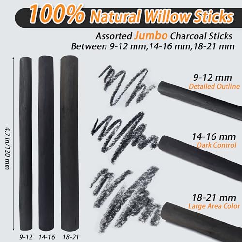 Willow Charcoal Sticks, Jumbo Willow Charcoal Pencils for Artists, Beginners, Students, Natural Charcoal Stick for Sketching, Drawing, and Shading (9-12MM | 6 Sticks) - style: 9-12MM | 6 Sticks