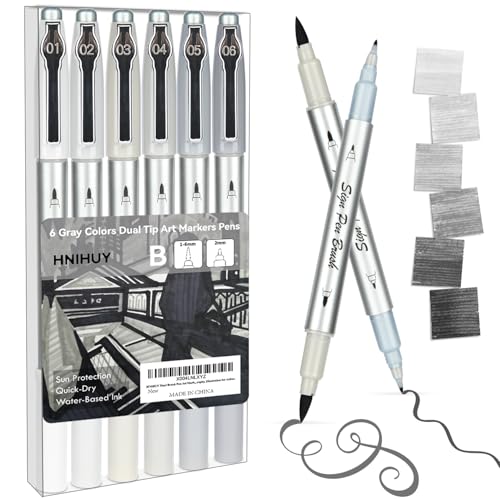 HNIHUY Dual Brush Pen Art Markers, 6 Gray Colors Set | Fine Tips Markers and Brush Tips Perfect for Blendable, Coloring, Sketching, Calligraphy, Illustration for Artists