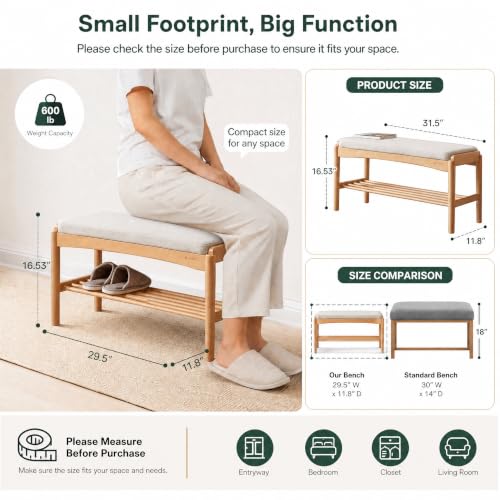 Oak Wood Shoe Bench, 32 Inch Entryway Bench with Light Gray Cushion - color: Natural + Light Gray Cushion, size: 31.49"