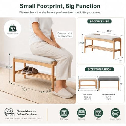 Oak Wood Shoe Bench, 32 Inch Entryway Bench with Light Gray Cushion - color: Natural + Light Gray Cushion, size: 31.49"