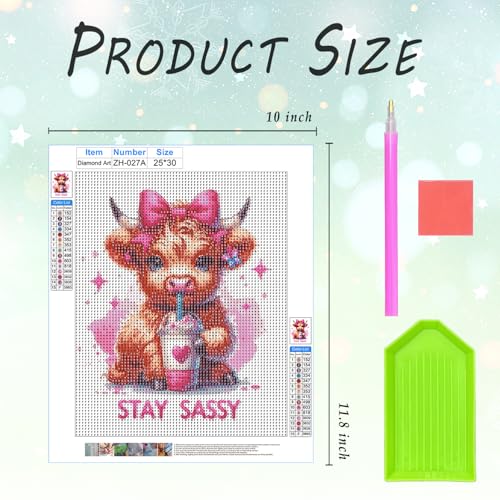 XUNLURY Coquette Pink Bow Highland Cow Diamond Art Kits, Stay Sassy Cute Baby Highland Cow Diamond Painting Kits for Girls Kids Adults Beginners, Full Drill Diamonds Dots for Home Decor, 9.8x11.8 Inch - color: color_8, size: 10 x 11.8 inches