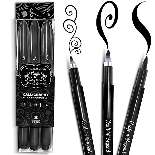 Craft 'n' Beyond Calligraphy Brush Pens Pack of 3 Small, Medium and Large Markers for Hand Lettering, Art Drawing, Sketching, Scrapbooking, Writing, Journaling - Beginner Kit with Fadeproof Black Ink - color: Black- Pack of 3