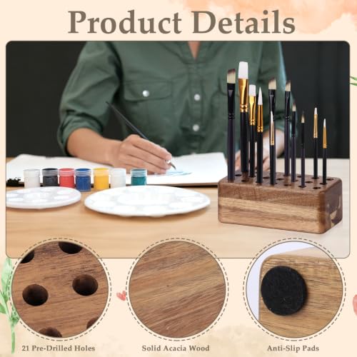21 Holes Paint Brush Storage Organizer Wooden Paint Brush Holder Stand for Art Brushes Artist Brush Holder for Office Desk Craft Tool Holder 5.9 × 2.8 × 2.2 In