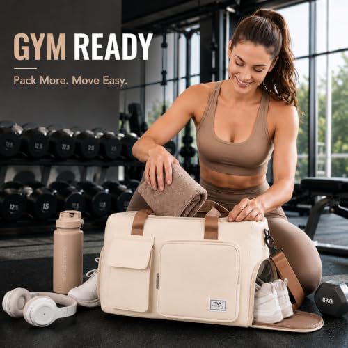 FIORETTO Women's Gym Duffle Bag with Shoes Compartment, 30L Capacity, Ideal for Travel, Gym, Sports, Duffel, Weekender - color: Beige& Brown, style: Gym Bag With Toiletry Bag