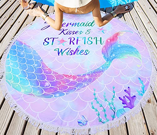 LIVILAN Oversized Round Mermaid Beach Towel, Lightweight Microfiber Super Absorbent and Sand Proof Beach Towel, 59”Soft Thin Meditation Mat Tapestry with Tassels for Women Girls - color: Circle Mermaid Beach Towel