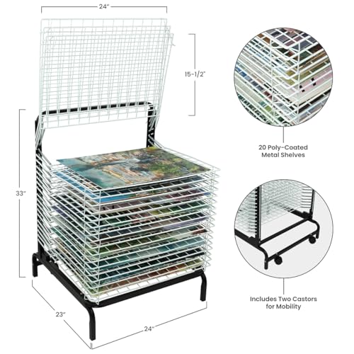 Creative Mark Stack N Dry Floor Art Drying Rack, Mobile Art Rack Stand on Wheels with 20 Coated Metal Spring-Loaded Shelves, for Watercolor, Prints, Paper and Canvas Storage