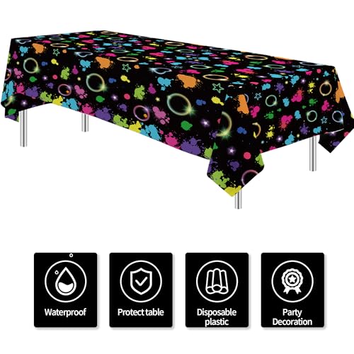 Srua Don Neon Glow Party Decorations Tablecloth, Neon Table Cover, 3 Pack | Disposable Graffiti Glow in The Dark Party Table Cloth Supplies for Birthday, 80s 90s Retro Disco, Art Parties, 55in x 86in