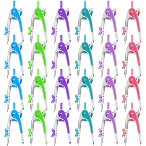 Chengu 24 Pcs Student Math Geometry Compass Tool Classroom Set Bulk 6 Inch Colored Plastic Drawing Compass with Pencils Back to School Supplies for School Office Home (Bright Color) - color: Bright Color