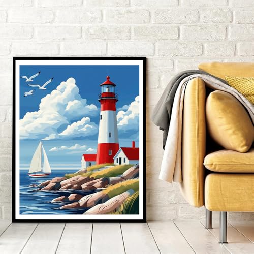 Natuyalo Lighthouse Paint by Numbers Kit for Adults Beginner Seaside Scenery DIY Painting Kits for Adults - Linen Canvas, Acrylic Pigment, 3 Paint Brushes, Waterproof Durable, Frameless, 16x20 Inch - color: PIC-07