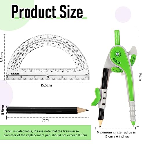 EBOOT Student Geometry Math Set, Drawing Compass and 6 Inch Clear Swing Arm Protractors 180 Degree Math Protractor (Green) - color: Green