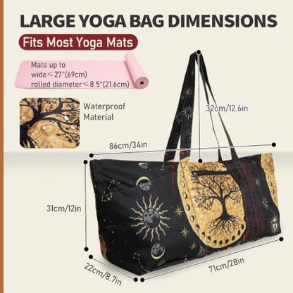 Yoga Mat Bag Yoga Tote Bag with Large Waterproof Zipper Pocket and Drawstring Pocket Yoga Mat Bag Carrier Fit Most Size Mats and All You Stuff - color: black beige