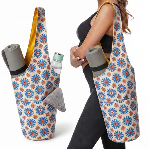 CosInStyle Heavy Duty Cotton Canvas Yoga Bag with Multi-Pocket Organizer, Large Capacity Gym Sports Bags, With 2 Bonus Mat Straps - color: Flower Style