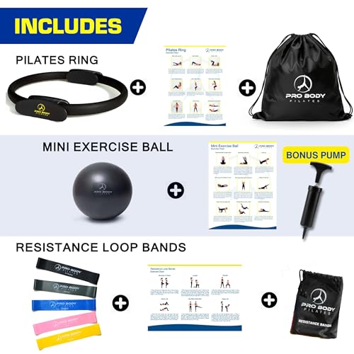 ProBody Pilates 링 세트, 35.6cm(14인치) 매직 서클 링, 22.9cm(9인치) 운동 볼, 저항 밴드 5개, 펌프, 훈련 가이드 및 코어 강도, 균형, 안정성 훈련을 위한 보관 가방 - color: 블랙.