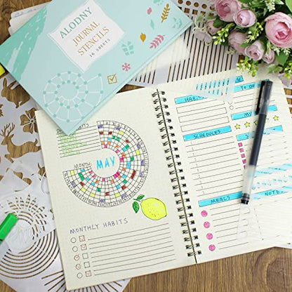 ALODNY 16 Pcs Journal Stencils Set - Time Saving Bullet Journaling Supplies/Accessories Kit -Ultimate Productivity Planner Stencil for Bullet Journal Stencils A5 Dotted Journals | Time Saving Bullet Journal Supplies Kit-Back to School Supplies Planner Ste
