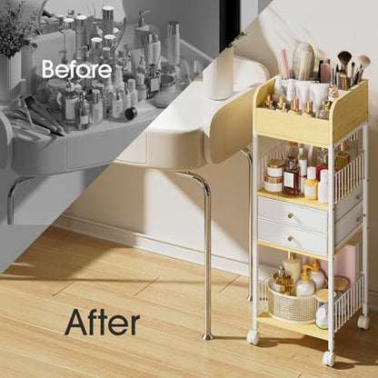4-Tier Rolling Cart with Drawers, Mobile Storage Organizer | Steel Frame & Wood Shelves, Smooth-Rolling Lockable Casters, Easy Assembly, Organizes Makeup, Skincare & Household Essentials
