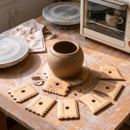 DIYOOHOMY 7 Pcs Wooden Pottery Ribs, Ceramic Shaping, Clay Tools Supplies | Set of 7 Pottery Foot Shaper, Profile, Wheel, Trimming, Throwing Tools, Texture Ribs for Carving, Mud, Throwing, Diy Crafts - color: wood-7