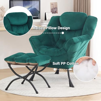 Tiita Lazy Chair with Ottoman, Comfy Reading Accent Chair, Velvet Green - color: Green
