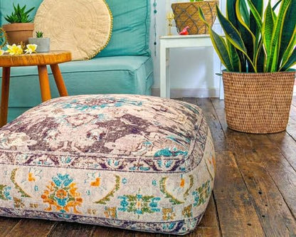 Mandala Life ART Boho Floor Cushion Cover Gray Square Moroccan Pouf Ottoman Pillow for Meditation Yoga and Boho Chic Low Seating Area Cotton 24x8 Unstuffed - color: Grey