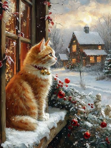 Christmas Diamond Art Kits for Adults, Diamond Art Painting Kits for Adults | Xmas Christmas Cat Stress Relief Full Round Drills Heartfelt DIY Gift Strong Adhesive Wall Decor HD Canvas 11.8x15.7 in - color: Cat Watching Snow