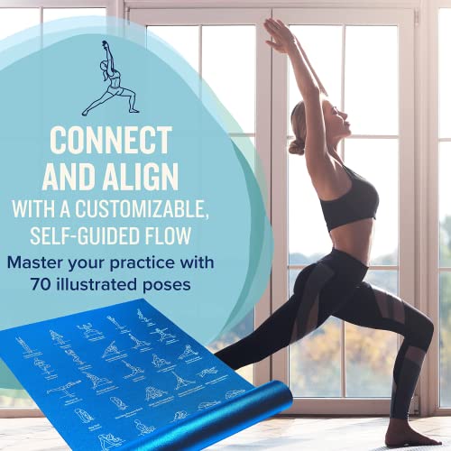 NewMe Fitness Yoga Mat for Women and Men - Large, 5mm Thick, 68 Inch Long, Non Slip Exercise Mats w/ 70 Printed Yoga Poses for Pilates, Workout and Stretching - Home and Gym Essentials - color: Blue