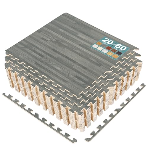 Sorbus Interlocking Wood Grain Foam Floor Tiles (20 Pack, Gray) | 3/8-inch EVA floor mats with borders suit playrooms, basements and home gyms, plus trade show flooring and dance areas. - color: Grey, size: 20 Pack