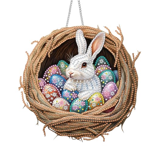 Pavemlo Hanging Diamond Art Kits for Adults Easter Rabbit - 8x8 Inch Double-Sided Acrylic Board Pearl Art Kits for Adults Suncatcher Pendant, Sparkling Home Wall or Window Decoration Handmade Gift F17 - color: Rabbit 2