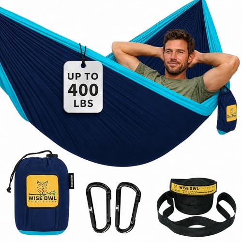 Wise Owl Outfitters Camping Hammock – up to 500lbs Portable Hammock with Tree Straps - Travel, Backpacking, Hiking, Outdoors Camping Gear - Single or Double - color: Navy & Light Blue, size: Single