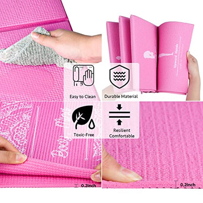 Foldable Yoga Mat for Women, Non Slip Exercise Mat for Home Gym, 5mm Travel Yoga Mats Set With Stretch Strap for Yoga Pilates and Fitness, 68"L x 24"W x 0.2 Inch Thick - color: Pink