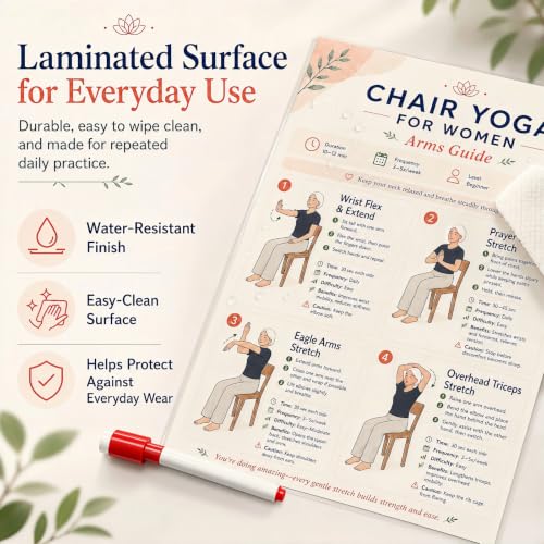 Chair Tai Chi Workout Chart & Yoga Poster for Seniors & Beginners | Set of 6 Illustrated Guides & 6 30-Day Challenges, Laminated Gentle Seated Exercise Charts for Mobility, Balance, Flexibility