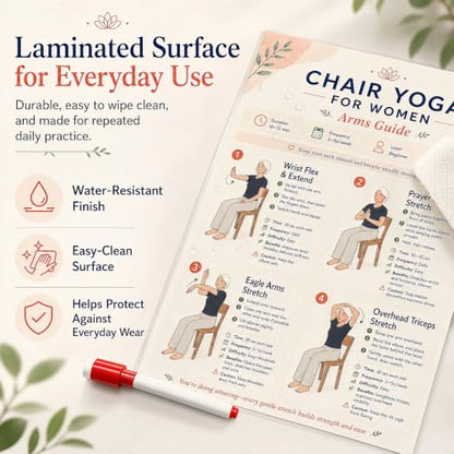 Chair Tai Chi Workout Chart & Yoga Poster for Seniors & Beginners | Set of 6 Illustrated Guides & 6 30-Day Challenges, Laminated Gentle Seated Exercise Charts for Mobility, Balance, Flexibility