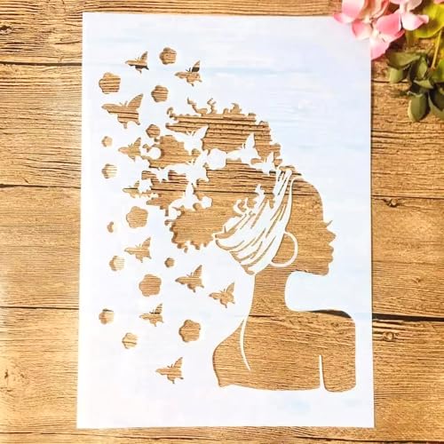 TIAMECH A4 Reusable Butterflies Hairstyle Girl Stencil for Painting | Fashion Earring Lady Layering Template, DIY Wall Art, Wood Furniture, Scrapbook & Crafts (8.3x11.7inch) - style: Butterflies Hairstyle Girl