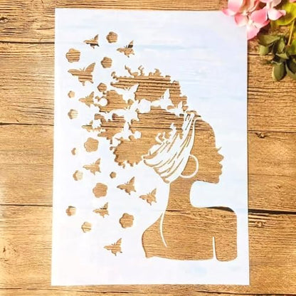 TIAMECH A4 Reusable Butterflies Hairstyle Girl Stencil for Painting | Fashion Earring Lady Layering Template, DIY Wall Art, Wood Furniture, Scrapbook & Crafts (8.3x11.7inch) - style: Butterflies Hairstyle Girl