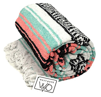 Open Road Goods Multi Color Mexican Falsa Blanket - Handwoven in Mexico - Great for The Beach, Picnics, Yoga, or a Throw! (Mint/Peach) - color: Mint/Peach