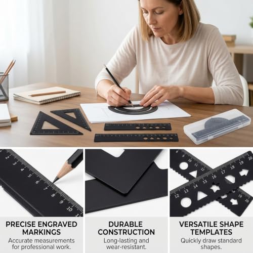 Triangle Ruler, 6 Pcs Aluminum Drafting Triangle Set with Metal Protractor, Professional Metal Ruler Kit for School Math Classes and Engineering Drafting, Portable Geometry Tools with Protective Case