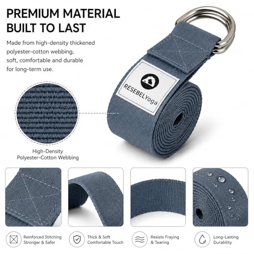 Yoga Strap for Stretching, Non-Elastic Yoga Belt with D-Ring | Thickened cotton strap in 6ft & 8ft sizes for Pilates, gym workouts, physical therapy, flexibility and posture support - color: Denim Blue, size: 6Feet/1.8M