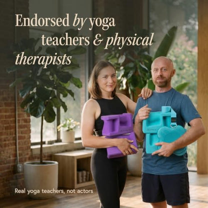PRO Yoga Blocks | Ergonomic Yoga Block 2 Pack for Wrist Comfort and Support | EVA Foam Exercise Blocks, 2x Knee Pads & Yoga Strap | Pilates Block Set | Bricks to Eliminate Wrist Pain - color: Blue